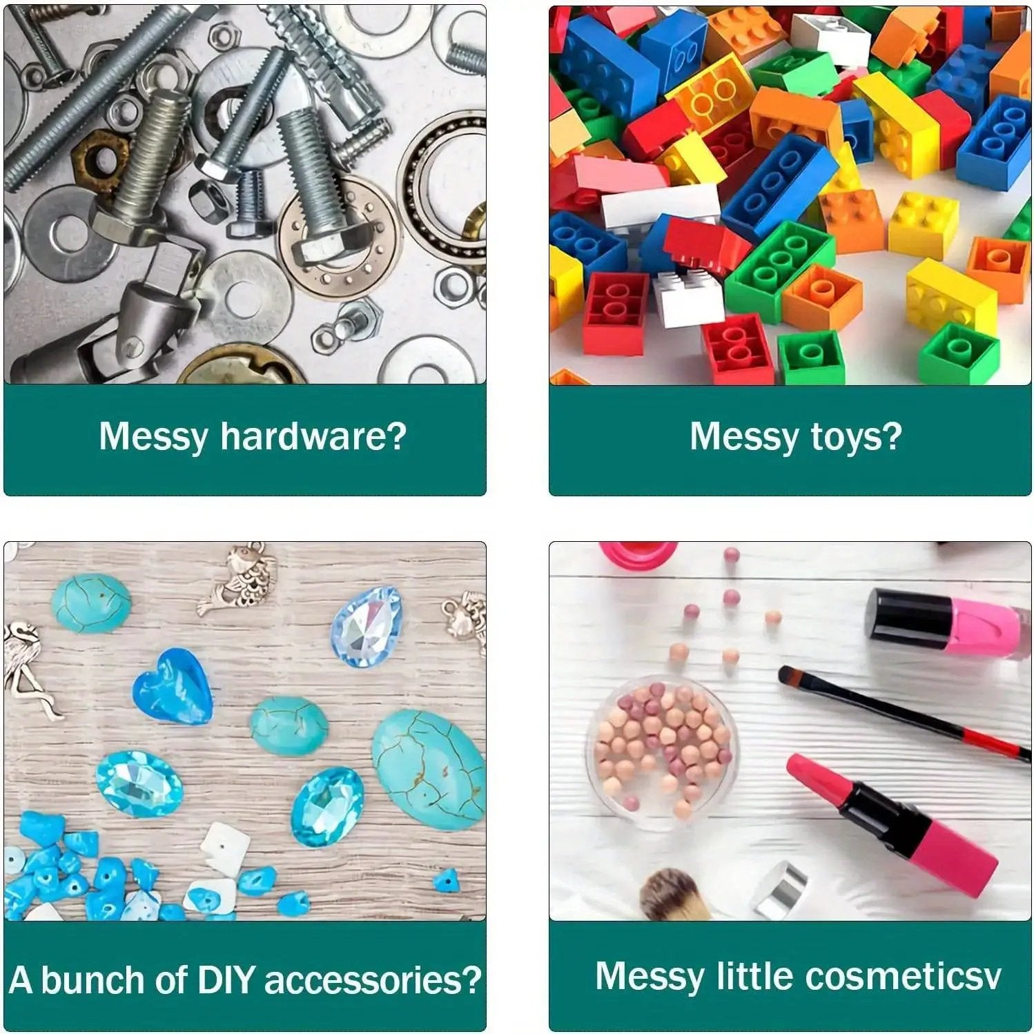 25-grid drawer parts box by Simples Market; collage of hardware screws, colorful LEGO bricks, blue gems, and cosmetics