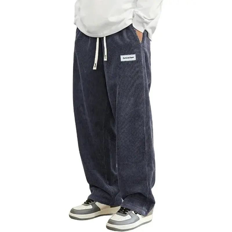 Simples Market men's navy corduroy casual pants with elastic drawstring waist, loose baggy straight fit.
