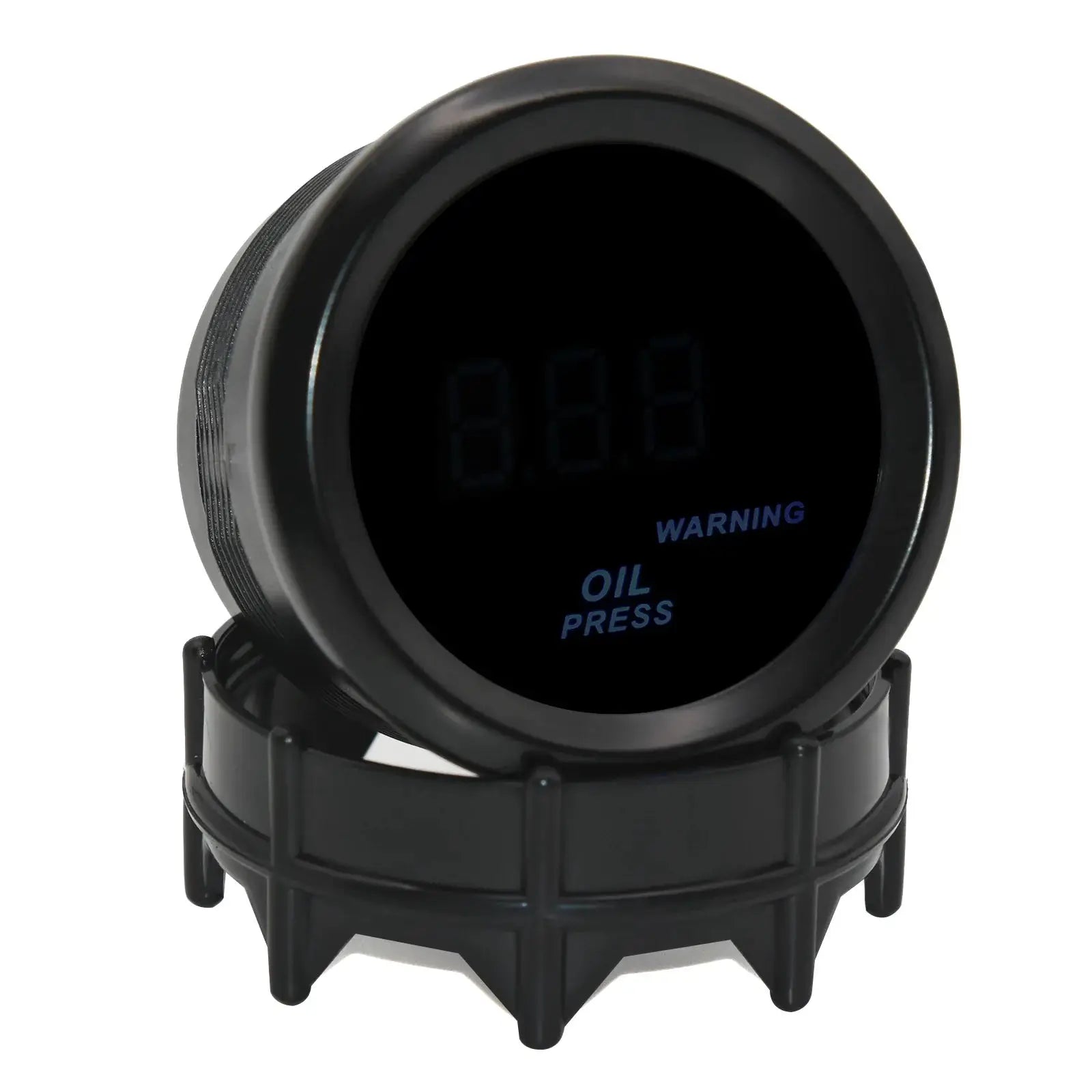 Simples Market universal 52mm digital oil pressure gauge with blue LED display, 12V, in black housing.