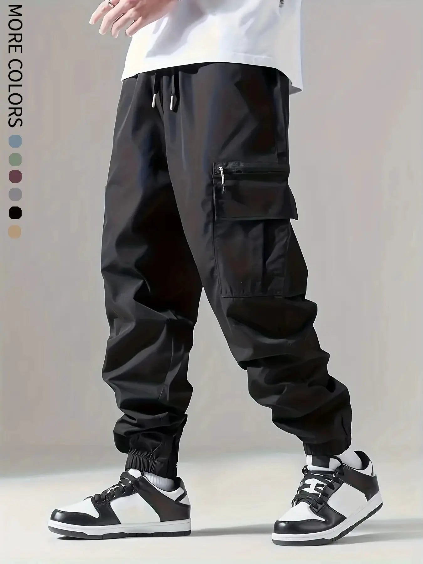 Simples Market men's cargo pants, black lightweight breathable trousers with multiple pockets and drawstring waist