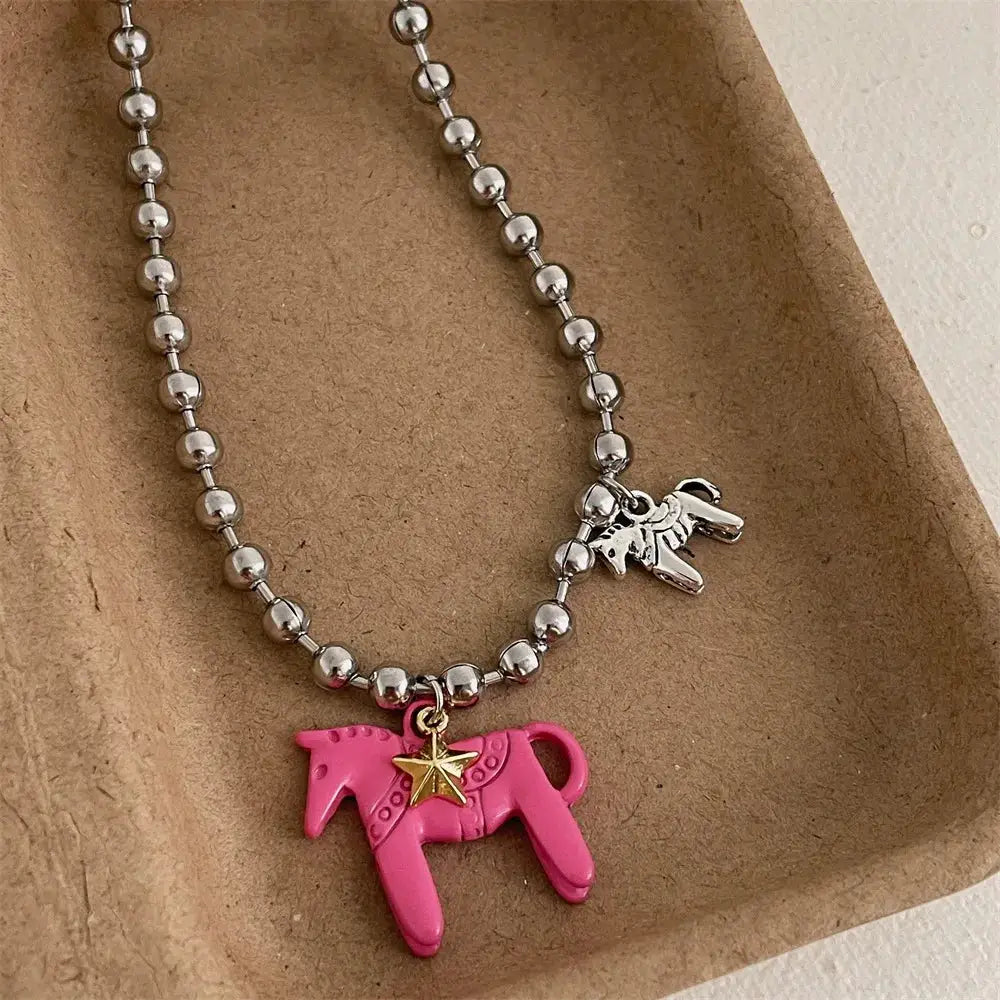 LATS Enamel Colt Horse Pendant Necklace For Women Colorful Silver Plated Alloy Beads Chain Choker