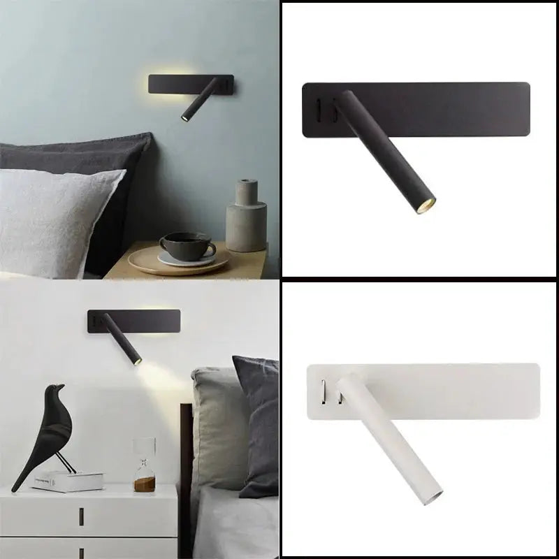 LED wall reading lamp by Simples Market, minimalist wall sconce in black and white with adjustable cylindrical head (3W)