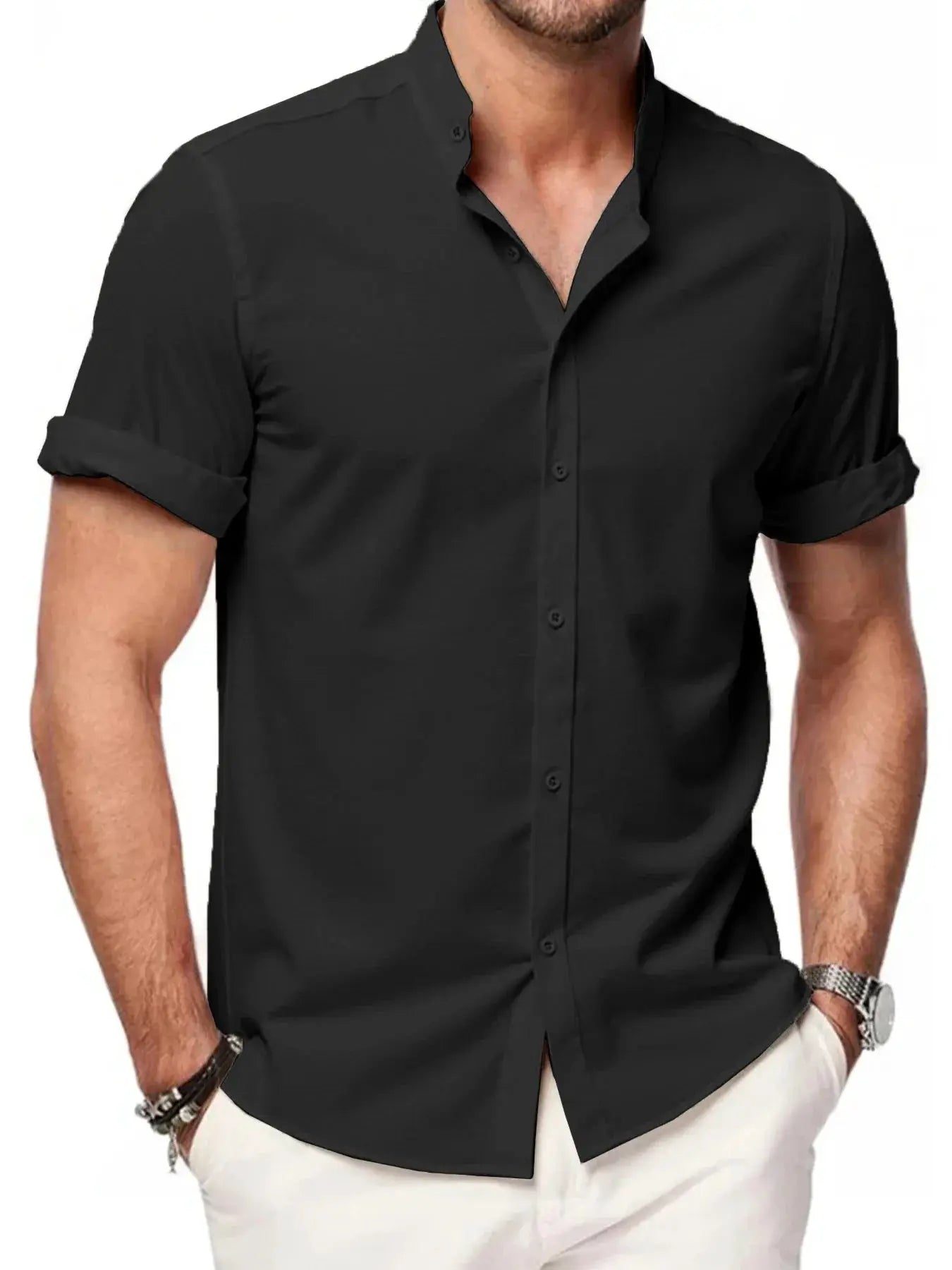 Simples Market black linen short-sleeve shirt for men with stand-up collar and loose casual fit