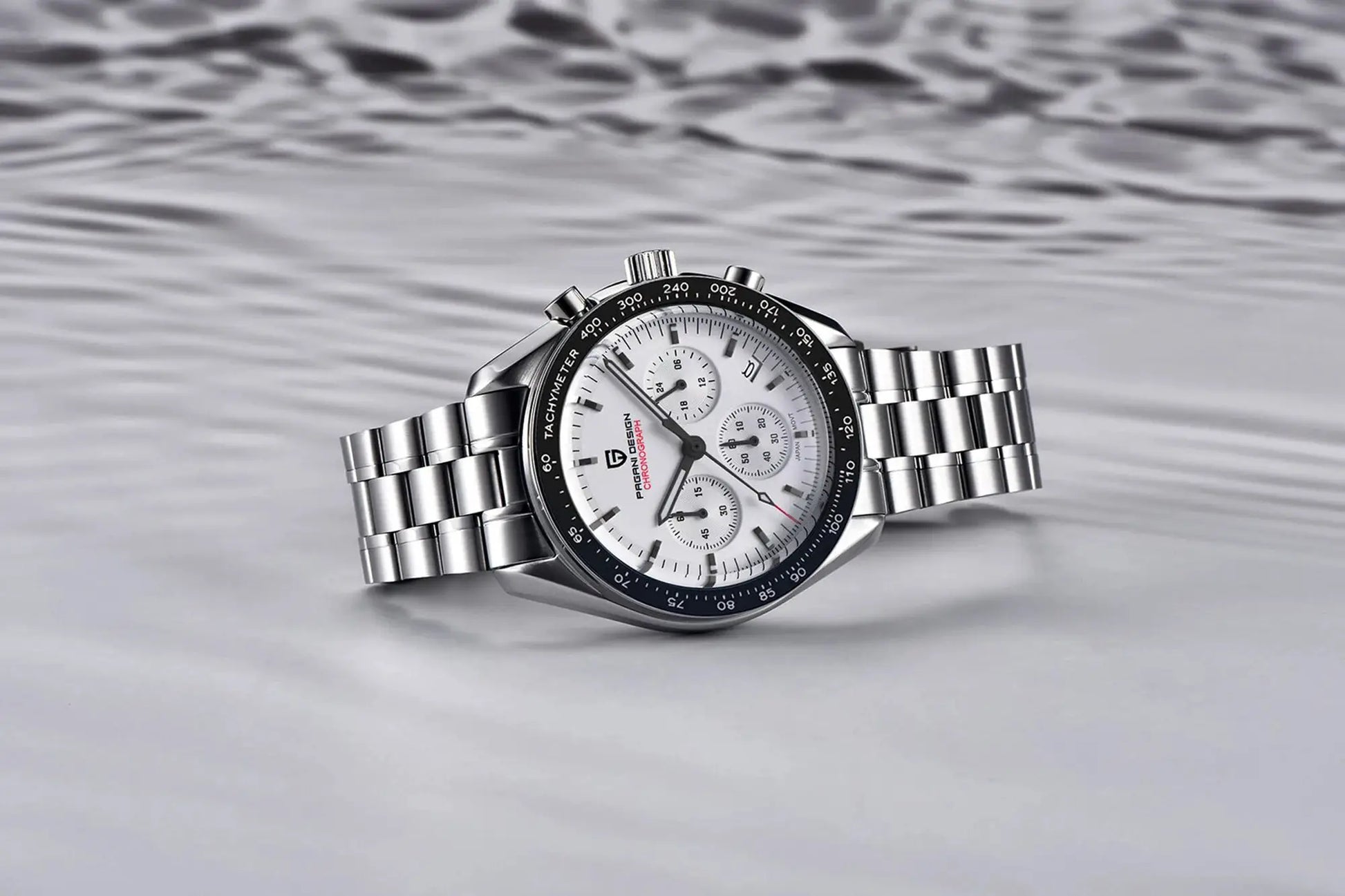 PAGANI DESIGN men's chronograph watch with white dial, black tachymeter bezel, stainless steel bracelet