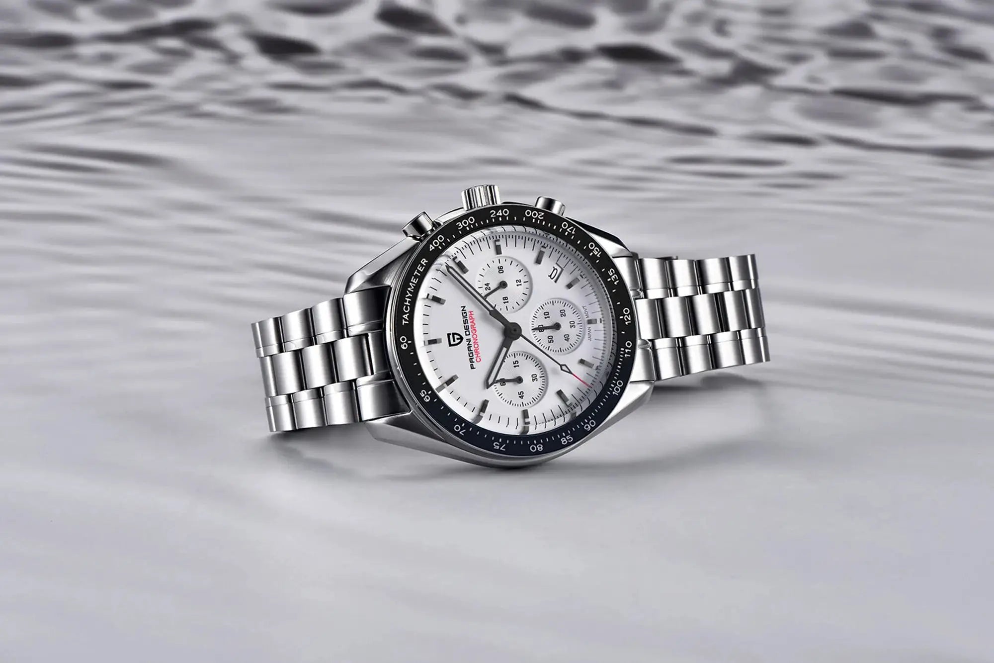 PAGANI DESIGN men's chronograph watch with white dial, black tachymeter bezel, stainless steel bracelet