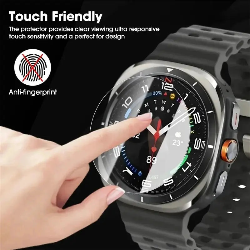 Glass screen protector for Samsung Galaxy Watch series (40–47mm) by Simples Market; anti-fingerprint, touch-friendly.