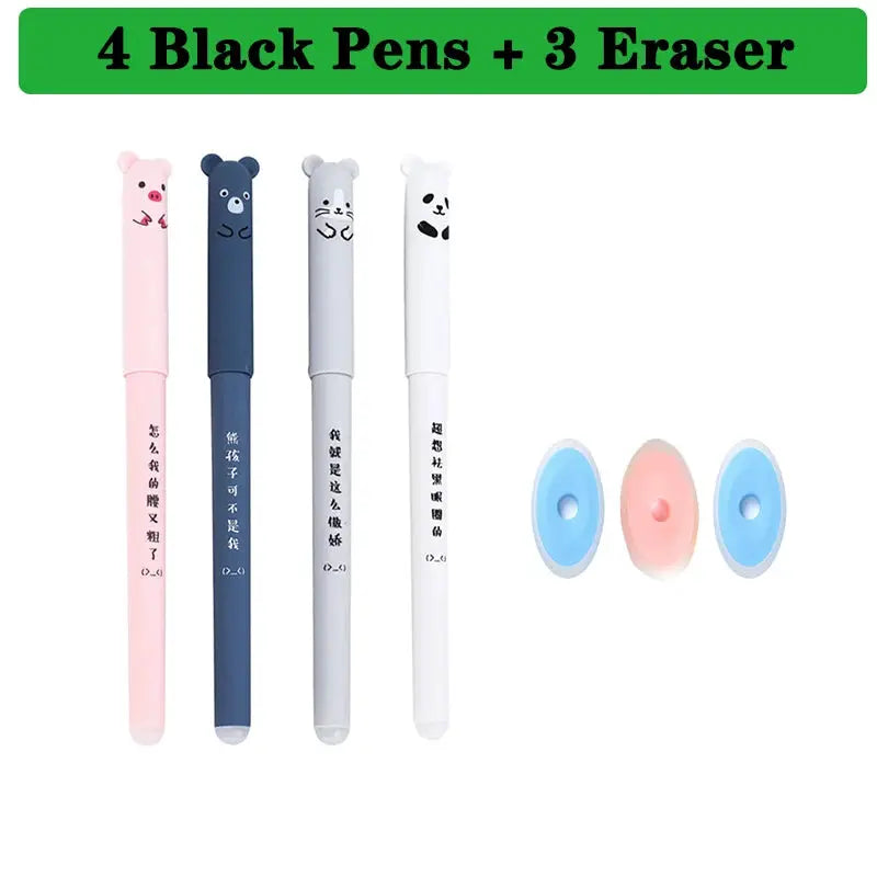 Kawaii erasable gel pen set with 4 black pens and 3 erasers; pastel bear-top pens in pink, navy, gray, white