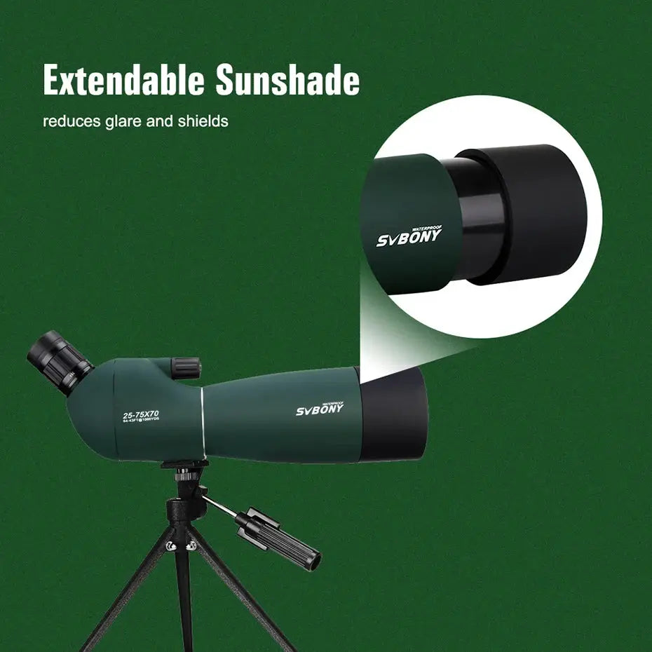 SVBONY SV28 spotting scope on tripod, green waterproof with FMC BAK4