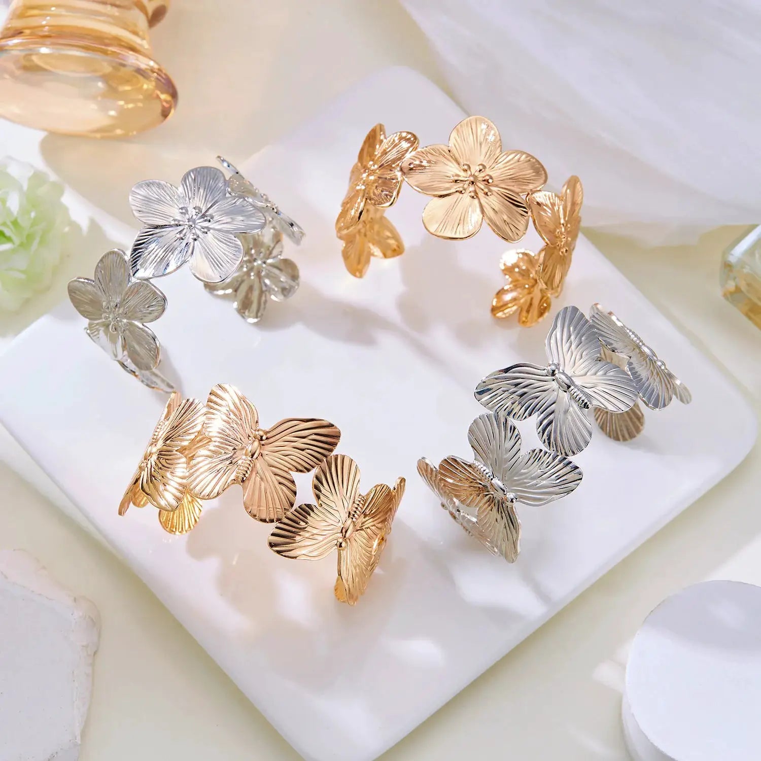 Stainless Steel Hollow Flower Butterfly Cuff Bracelet Gold Plated Adjustable Open Wide For Women Jewelry