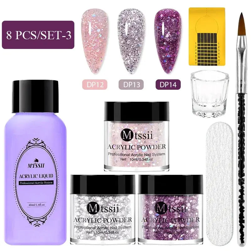 Mtssii 8pc acrylic powder nail system set with pink nude glitter powders, monomer liquid and nail brush
