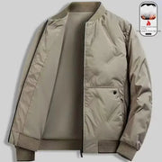 Simples Market men's beige cotton bomber jacket with ribbed cuffs and hem, zip front, and multiple pockets.