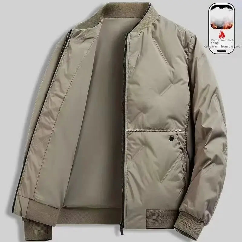 Simples Market men's beige cotton bomber jacket with ribbed cuffs and hem, zip front, and multiple pockets.