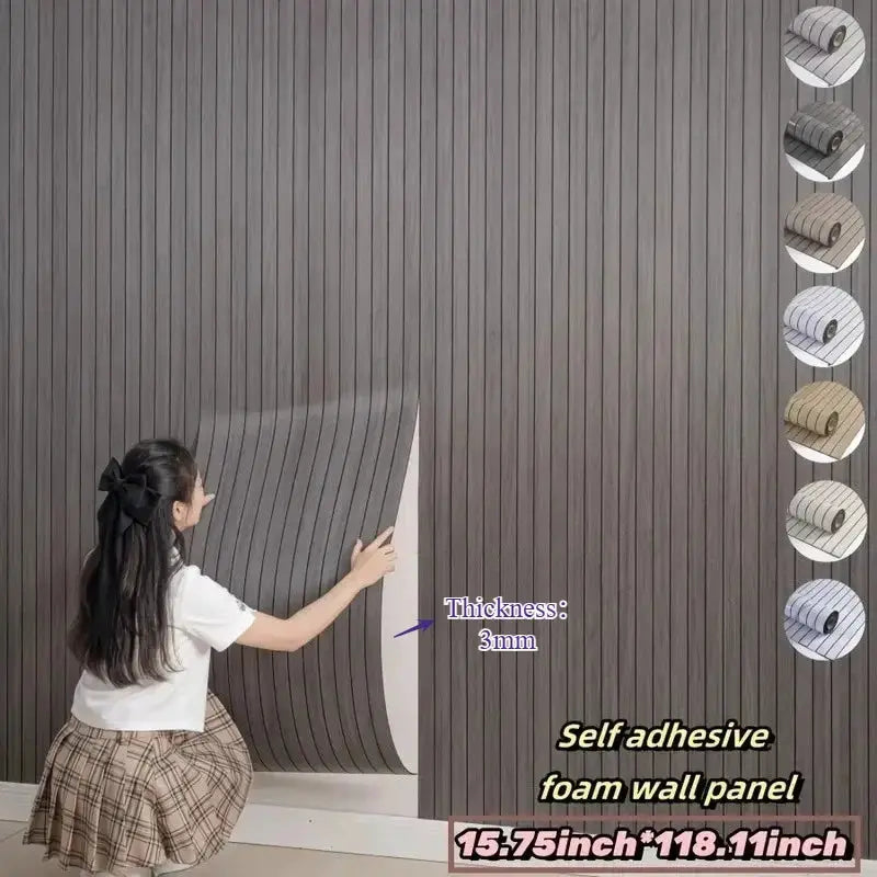Self-adhesive foam wall panel with dark brown wood-grain texture; 3D thick decor