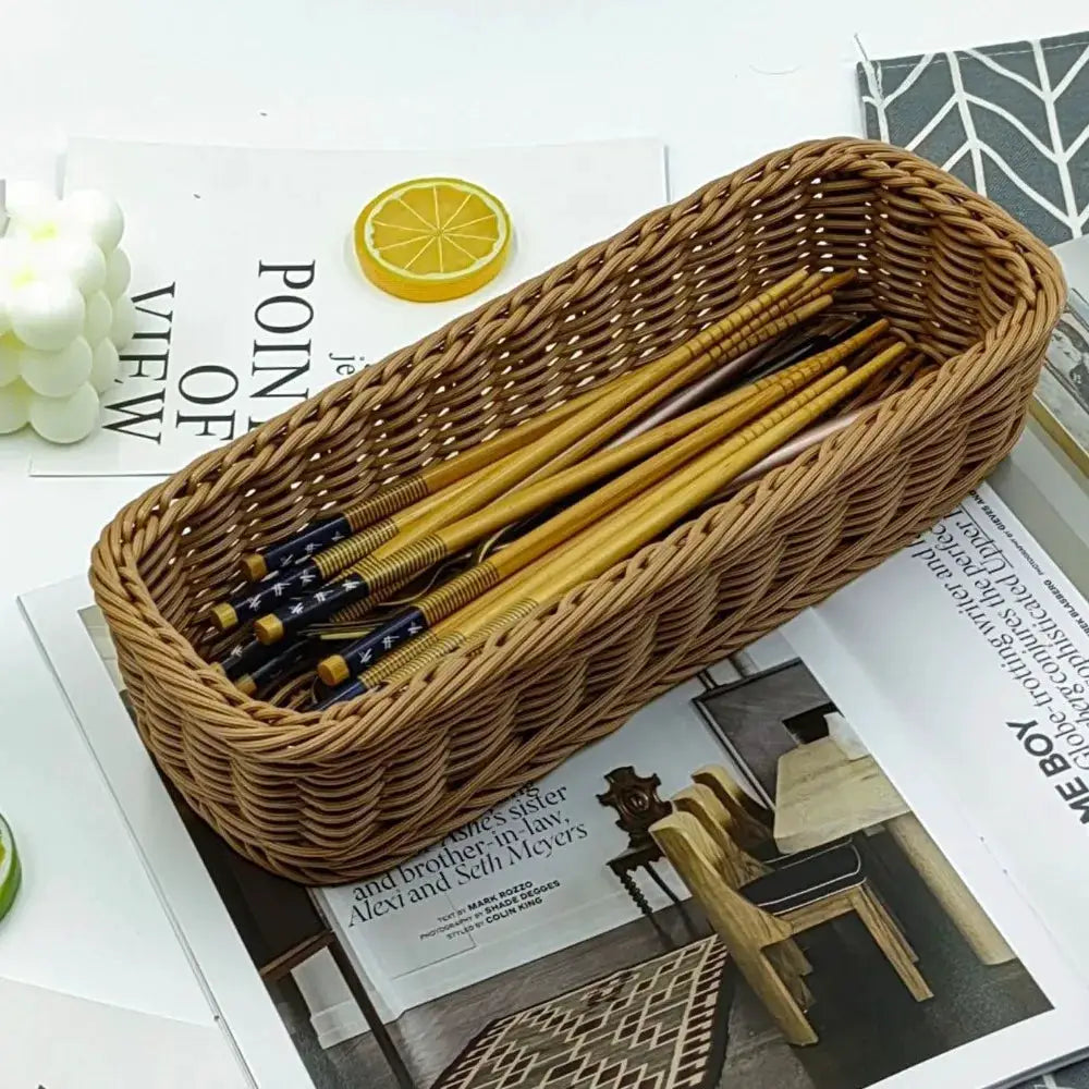 Imitation rattan storage basket brown faux wicker with pencils inside for desk decoration