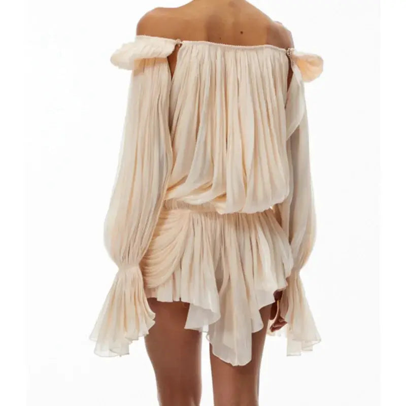 Satin Off Shoulder Pleated Mini Dress For Women Puff Sleeve Cinched