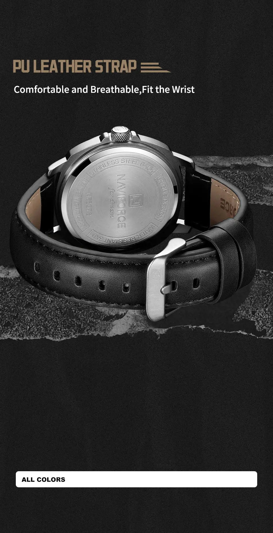 Naviforce men's quartz watch with black PU leather strap and stainless steel back; calendar date display