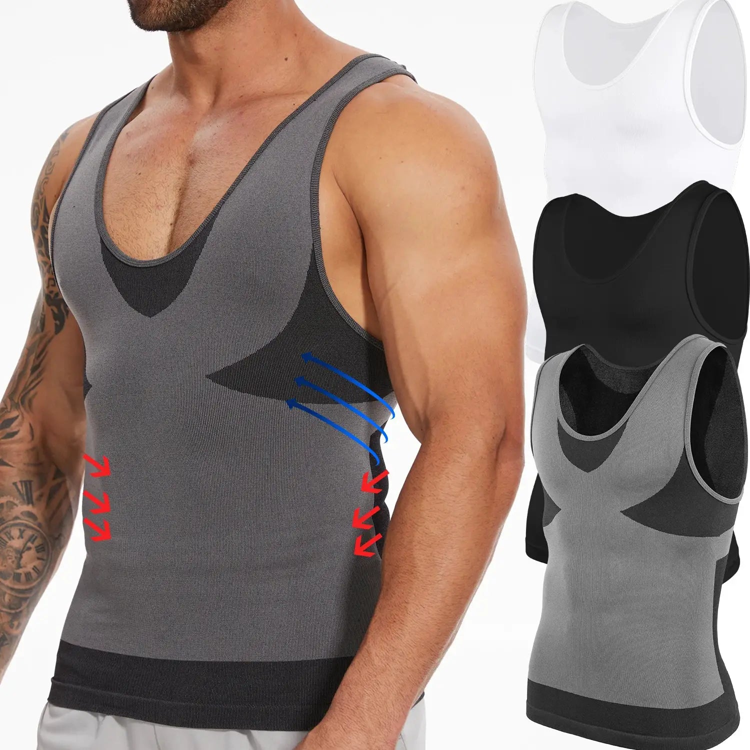 Men's shapewear slimming body shaper tank top; three-color set (white, black, gray) with cross-elastic panels