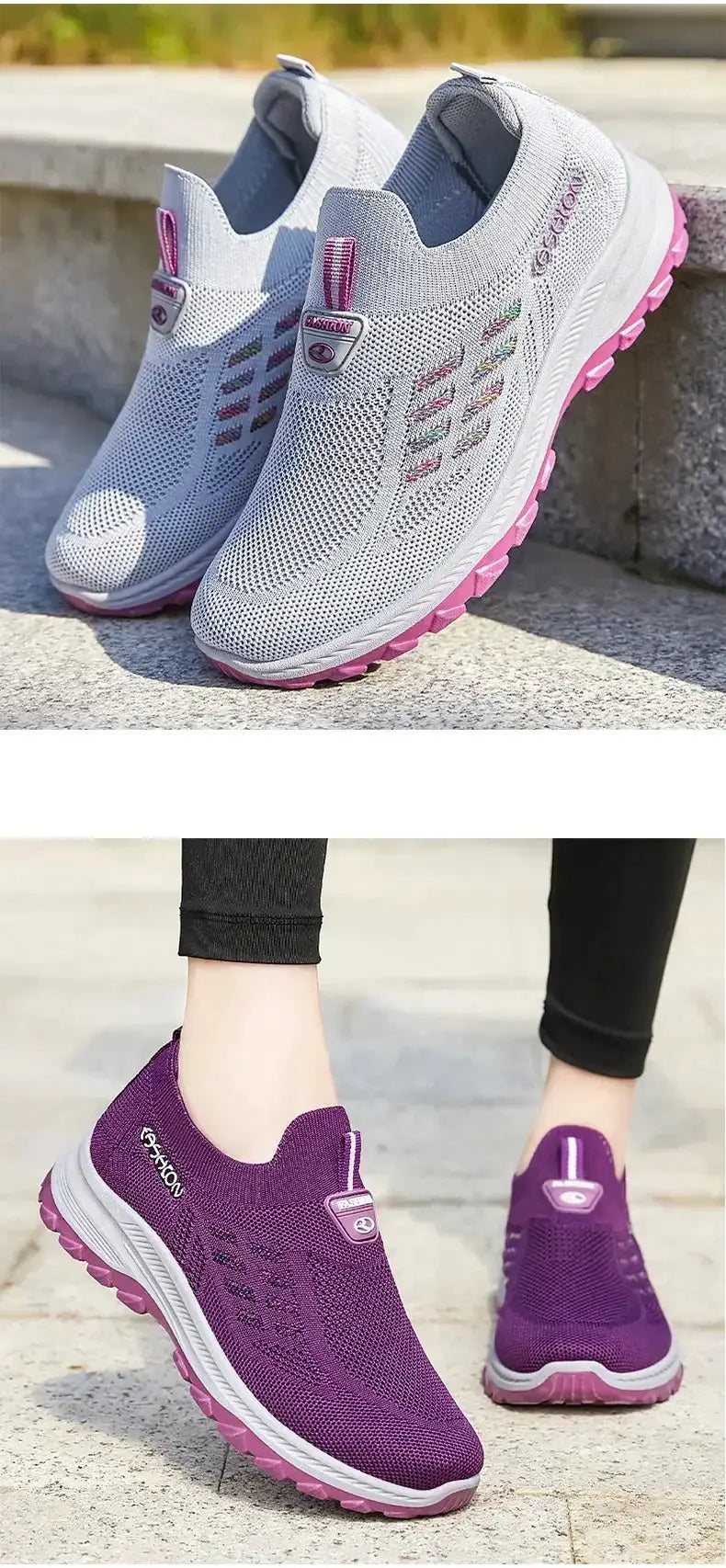 Minimalist breathable knit sneakers, white with pink outsole and purple colorway, Simples Market, 2 colorways