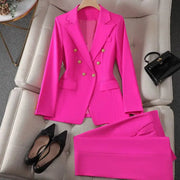 Simples Market women's pink double-breasted blazer pants suit; 2-piece office set with gold buttons