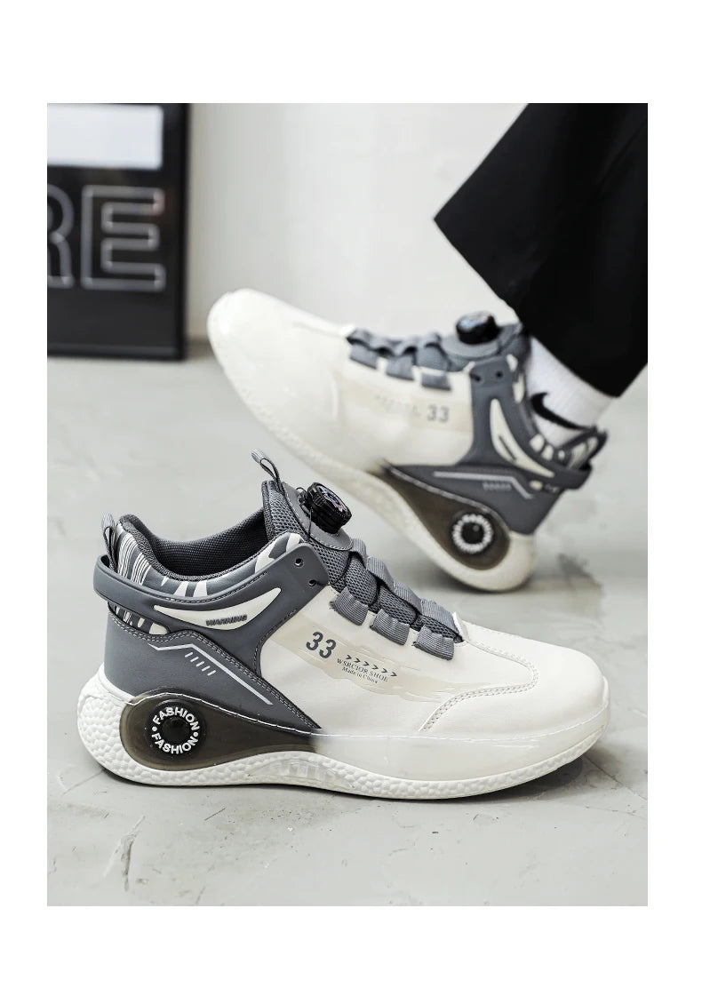 Pair of men's sneakers with rotating buckle, grey and white, non-slip sole, lace-up outdoor shoes