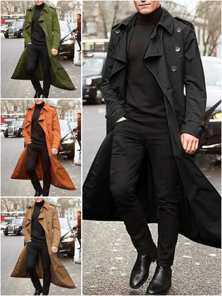 Simples Market streetwear men's trench coat in black, olive green, orange, and tan with epaulets, four colorways.