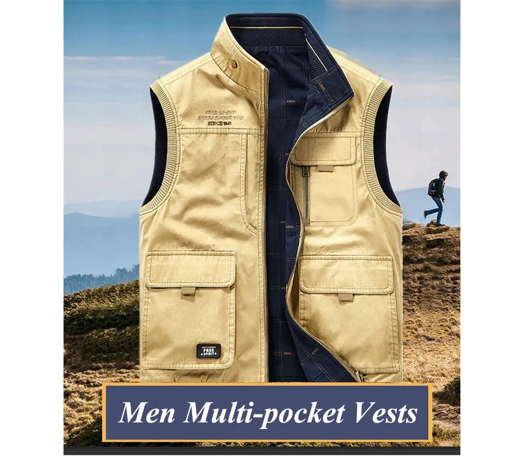 Men's cotton multi-pocket vest by Simples Market in beige with navy inner lining and front pockets