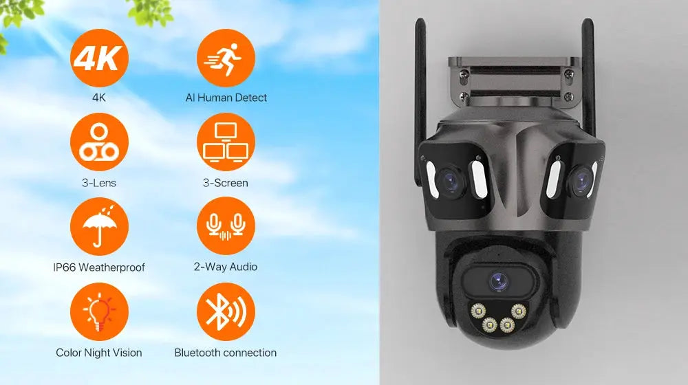 Three-Screen WIFI IP Camera Outdoor 4K Dual-Lens PTZ CCTV with AI Human Detection, IP66 waterproof, Simples Market ICsee