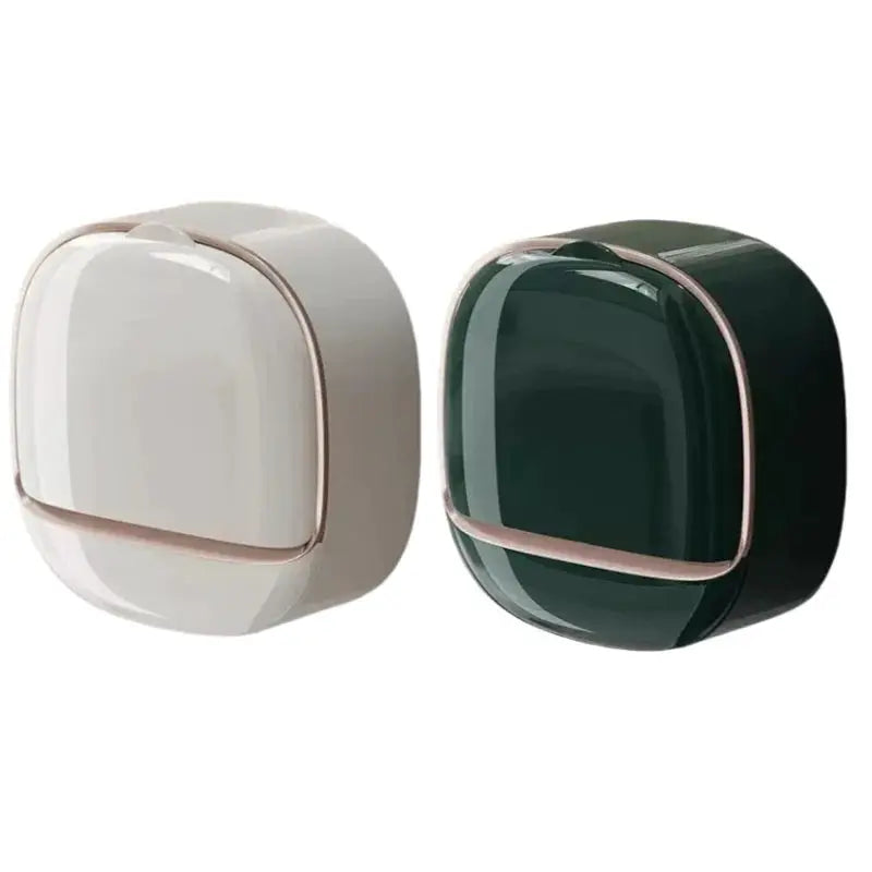 Waterproof shower soap box hanging holder with drainage; white/beige and dark green glossy variants with rose-gold trim (2-pack)