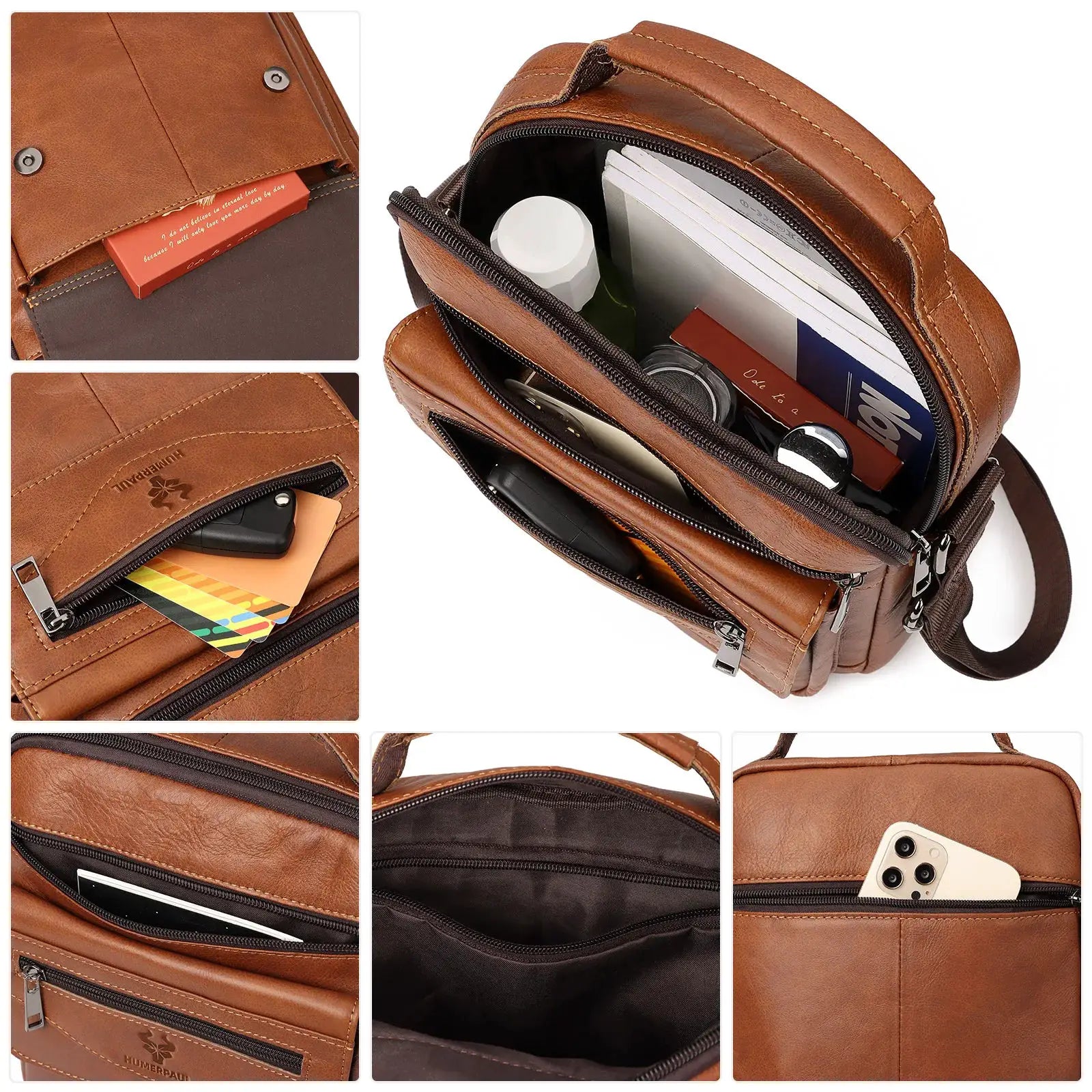 HUMERPAUL genuine leather small messenger bag by Simples Market, brown crossbody with multiple compartments