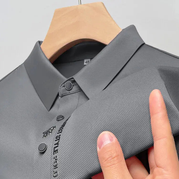 Simples Market gray ice-silk polo shirt, short sleeves with embroidered placket detail.