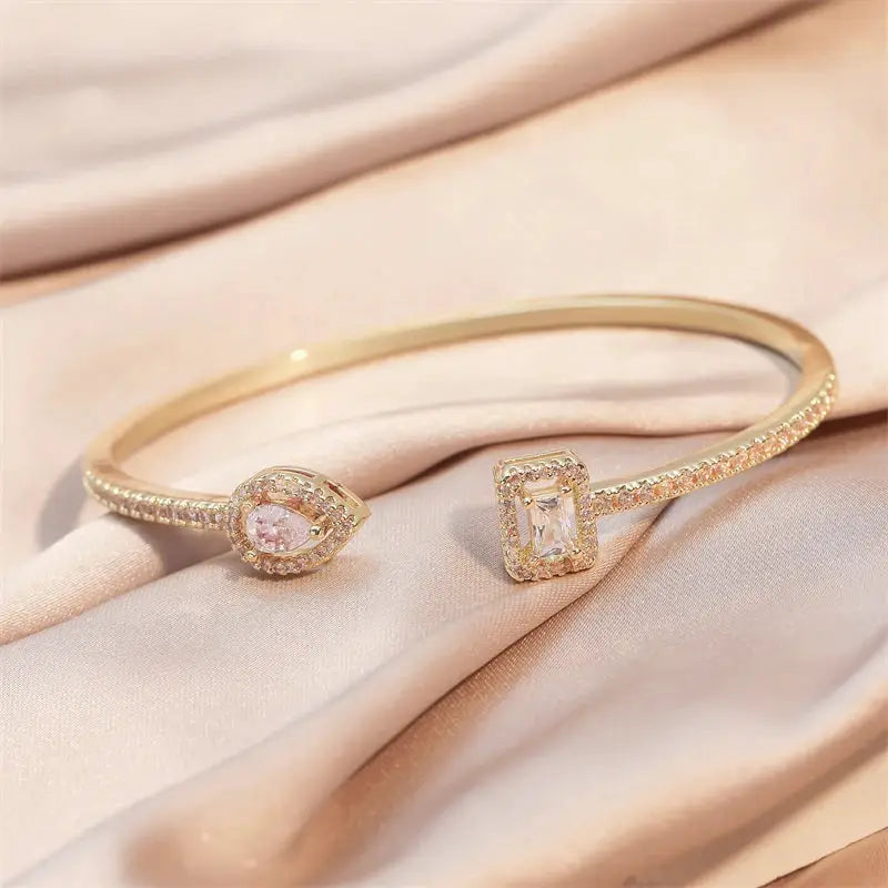 Luxury Geometry Gold Color Cuff Bangles For Women With Cubic Zirconia Bracelets For Party And Everyday Wear