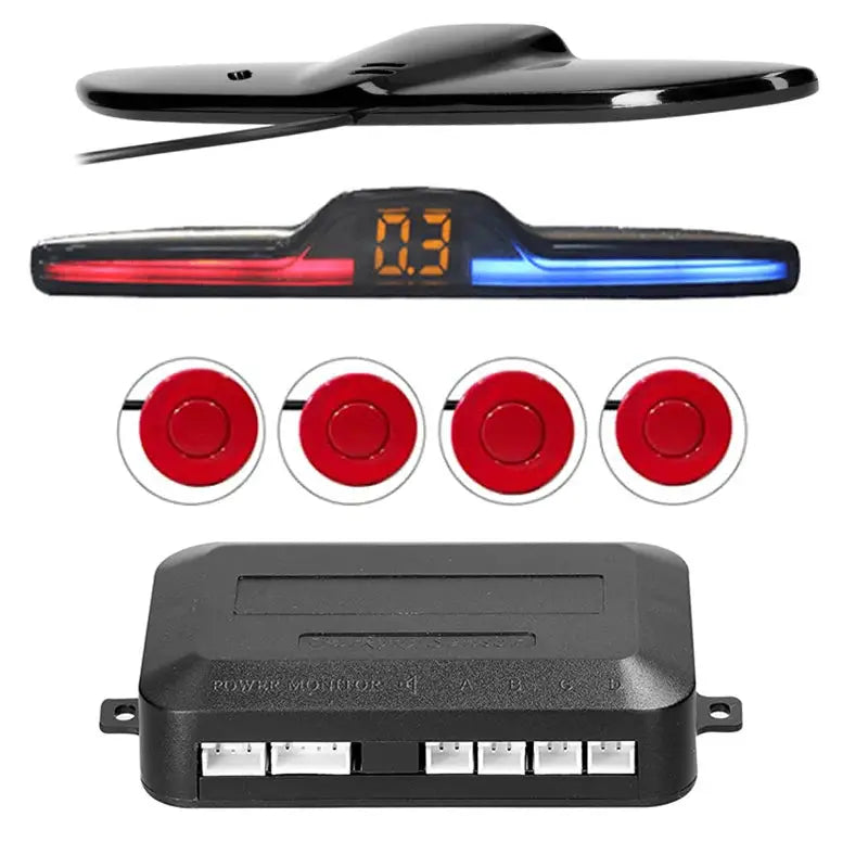 Car reverse radar kit by Simples Market with 4 red sensors, LED display and black control module.