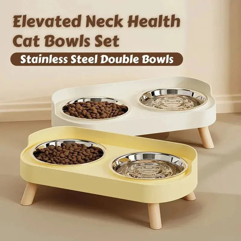 Simples Market elevated neck cat bowls set with dual stainless steel bowls; white and yellow stands, two shown.