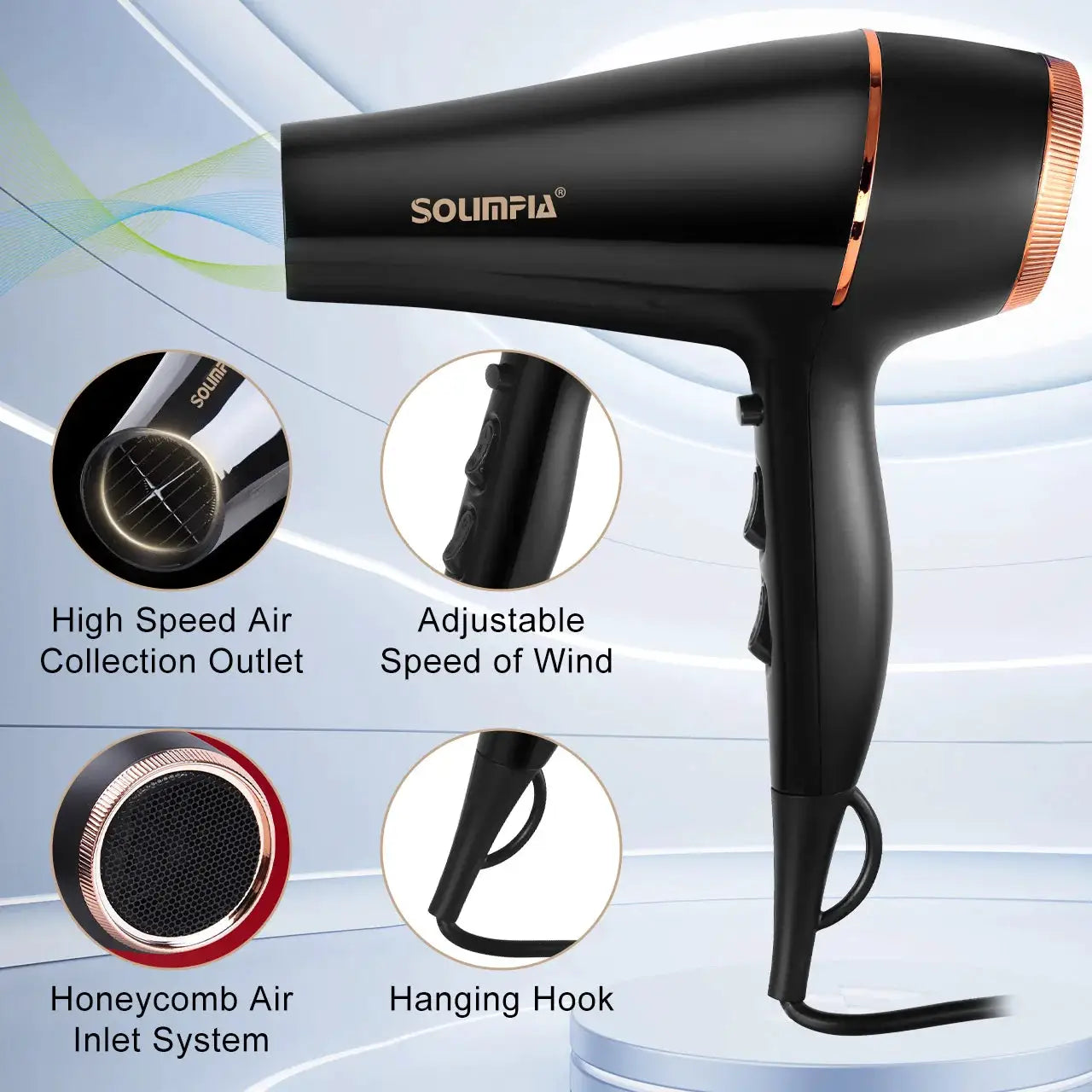 Hair dryer by Solinfa, black with rose-gold trim; 6-level professional salon-grade with hanging hook