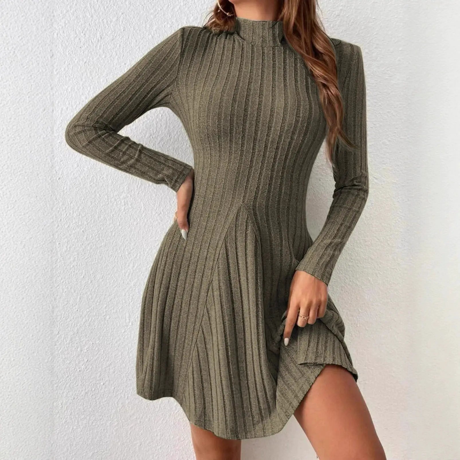 LuxeWeave Womens Slim Fit Dress With Half High Collar Cinched Waist Aline Pinstripe Long Sleeves For Autumn And Winter
