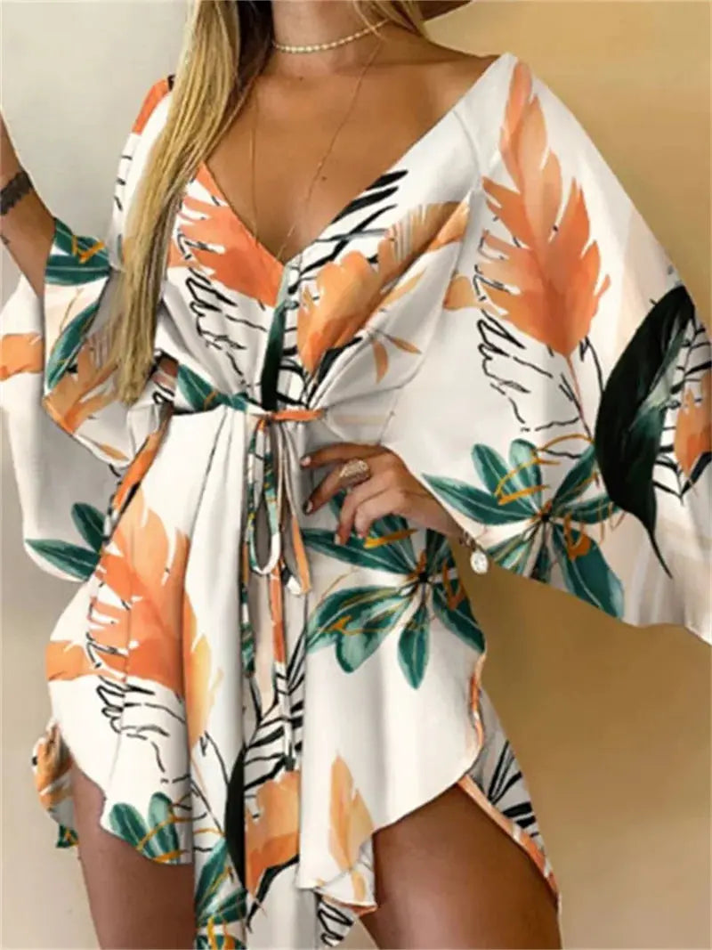 Women Boho Floral Print V Neck Bat Sleeve Ruffle Sundress Beach