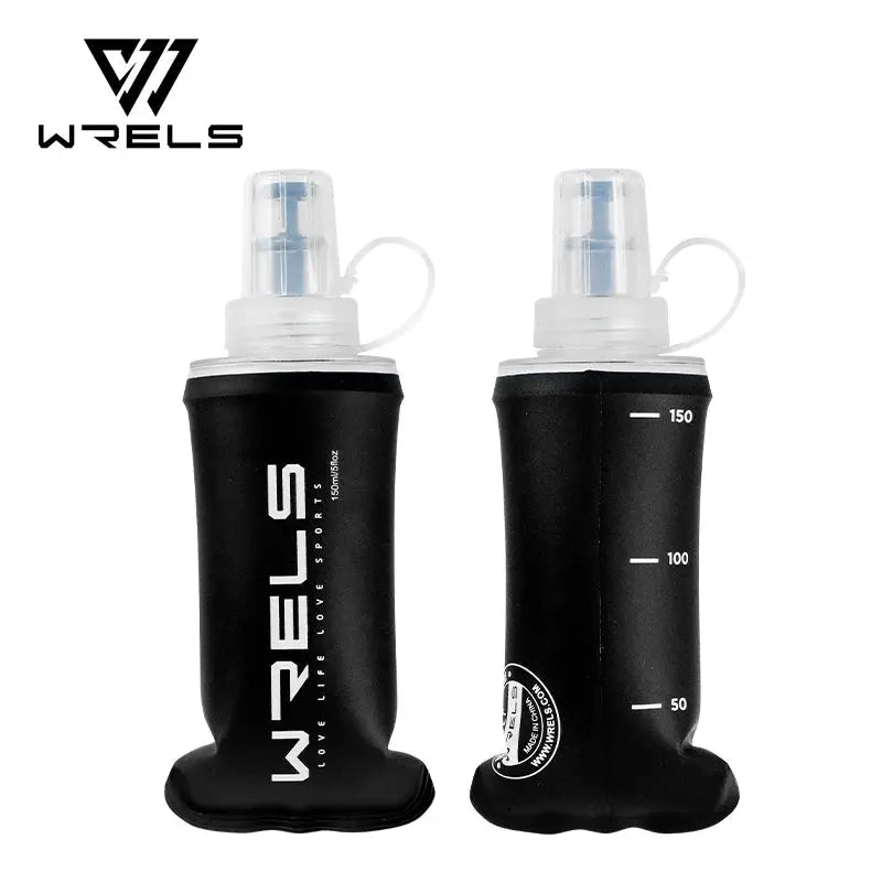 WRELS soft flask hydration bottles, 2-pack, black TPU sleeves with clear caps.