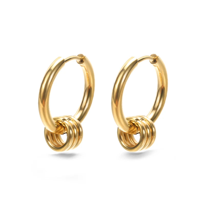 Classic hoop earrings, gold stainless steel with stacked ring accents, pair
