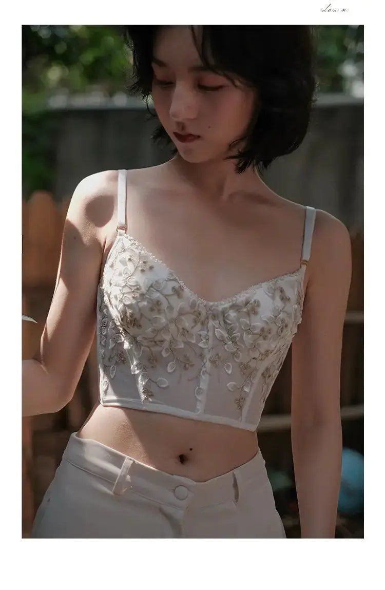 Three-Dimensional Embroidered Bralette by Simples Market, cream lace with floral embroidery