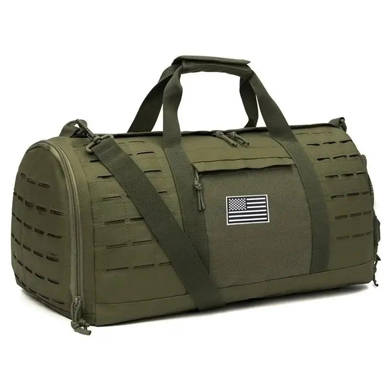 40L olive green tactical gym duffel bag with MOLLE panels, dual top handles and detachable shoulder strap, US flag patch