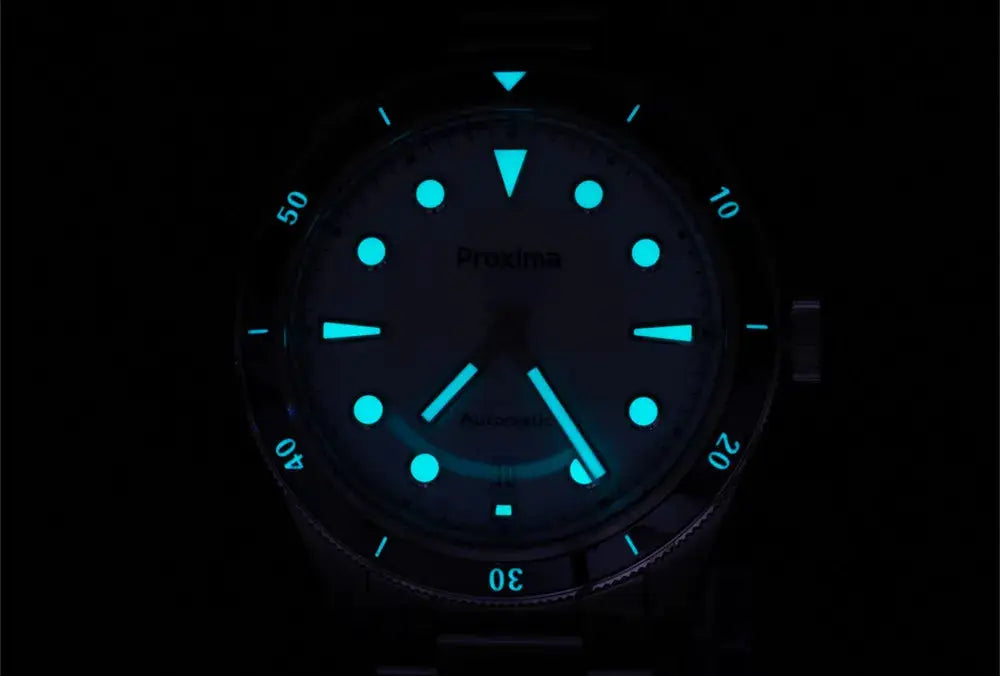Proxima PX1697 men's watch, 39mm, white enamel dial with blue luminous markers and diver bezel