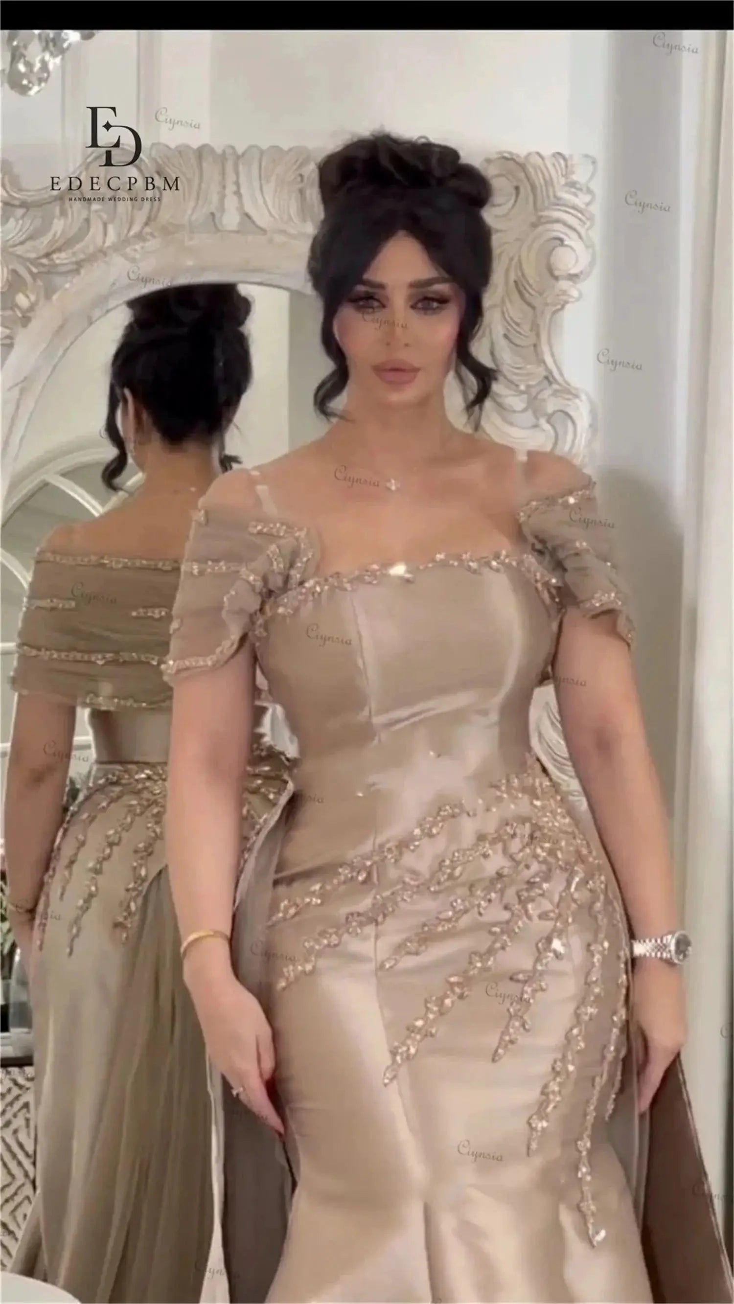 Customized Saudi Champagne Satin Evening Dress With Beading Luxurious