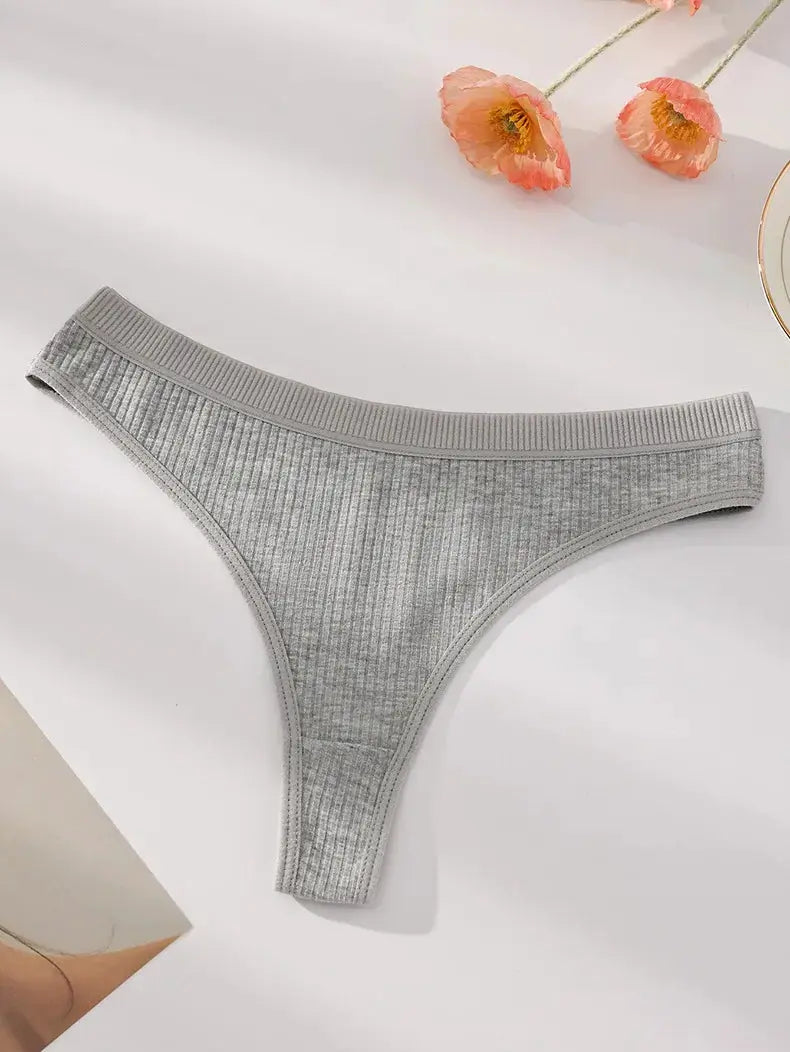Gray ribbed cotton thong underwear for women on a white background