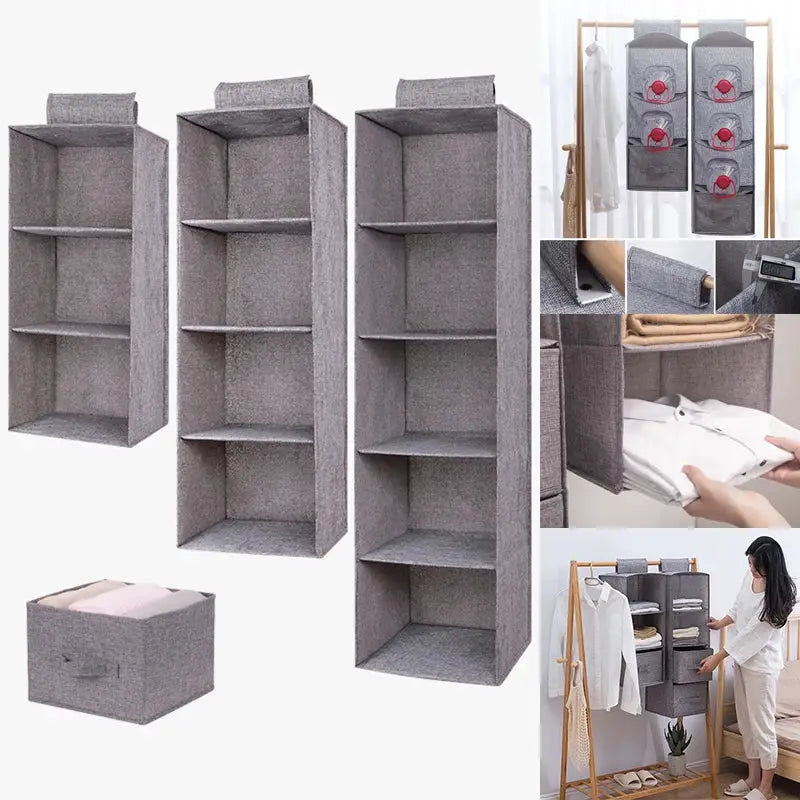 Hanging wardrobe storage set in gray cotton-linen; four collapsible shelves and a small drawer box by Simples Market