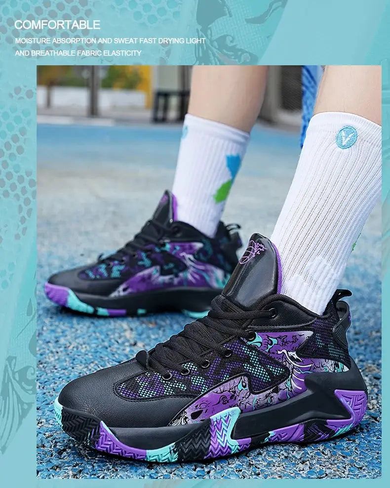 Simples Market men's athletic sneakers in black with purple and teal graphic pattern and breathable mesh panels