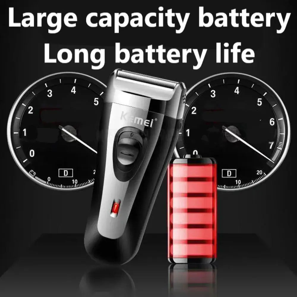KM-9038 rechargeable foil shaver by Simples Market; black and silver razor with red battery (2 items)