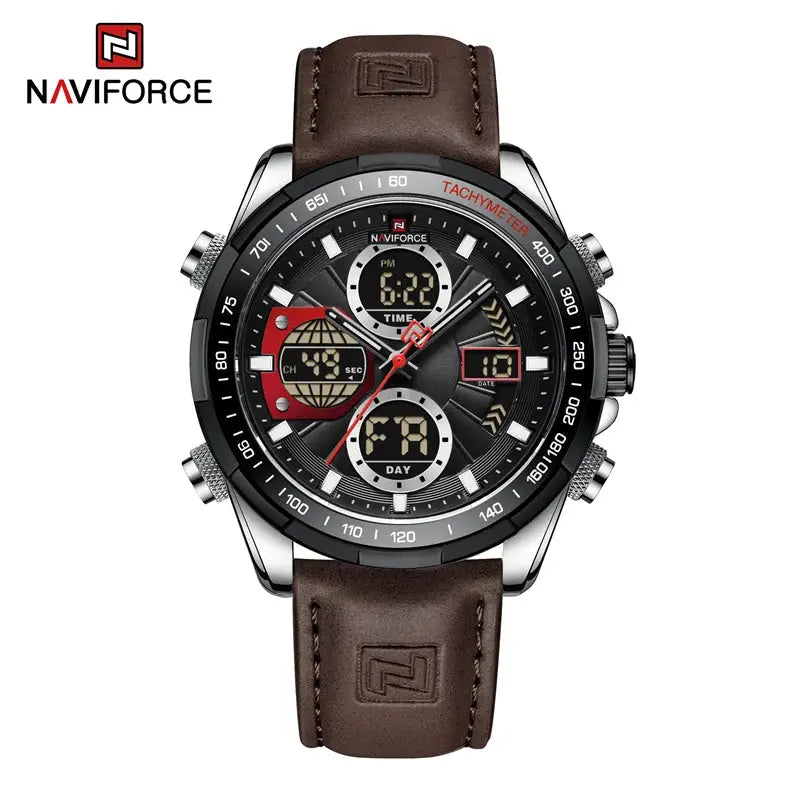 Naviforce men's leather sport watch with brown strap, black dial and chronograph.