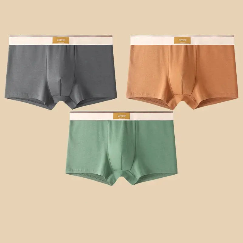 3-pack men's breathable cotton boxer shorts in gray, orange and green with white waistband