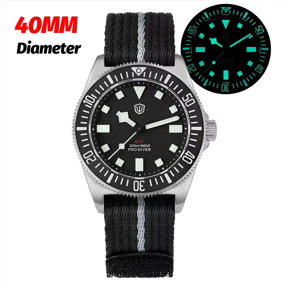 Watchdives EXD 40mm titanium dive watch with black dial, 200m water resistance, fabric strap
