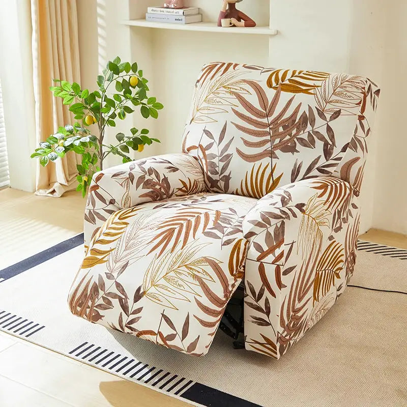 Simples Market recliner chair cover in beige-brown leaf print; stretchy, fits 1-seat recliner.
